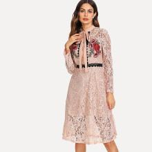 Shein Flower Embroidery Tied Neck Lace Dress