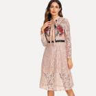 Shein Flower Embroidery Tied Neck Lace Dress
