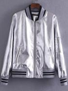Shein Silver Striped Trim Zipper Up Pu Jacket