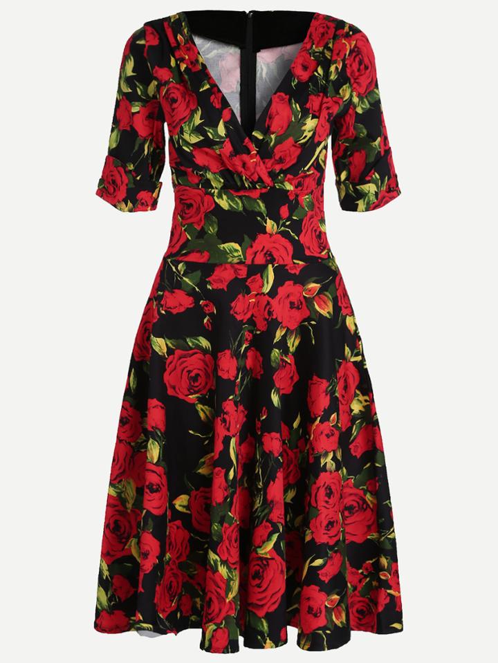 Shein Red Floral Print V Neck Short Sleeve Dress