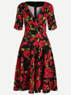 Shein Red Floral Print V Neck Short Sleeve Dress