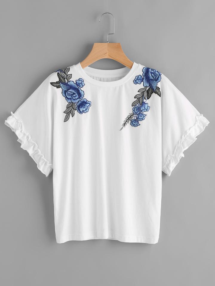 Shein Frill Sleeve Embroidered Flower Applique Tee