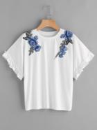 Shein Frill Sleeve Embroidered Flower Applique Tee