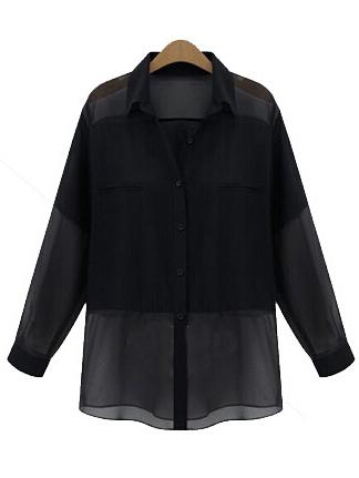 Shein Black Lapel Sheer Buttons Plus Blouse