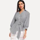 Shein Striped Belted Asymmetric Hem Single Breasted Blouse