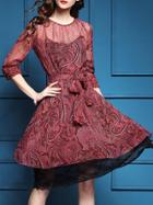 Shein Burgundy Sheer Tie-waist Contrast Lace Dress