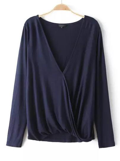Shein Navy Long Sleeve V Neck T-shirt