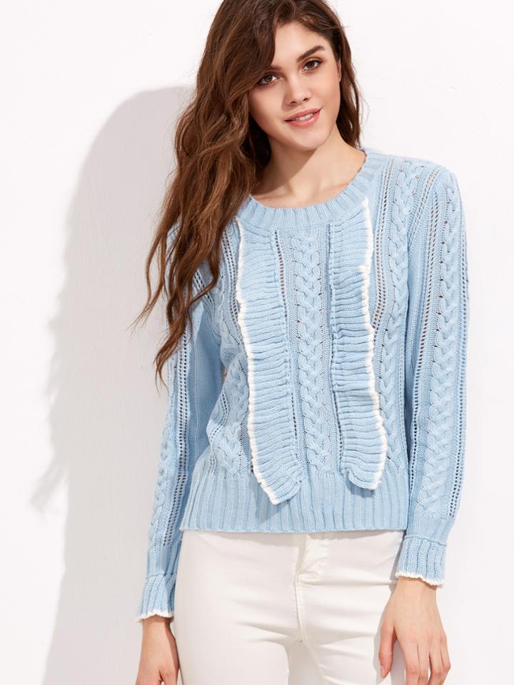 Shein Sky Blue Hollow Ruffle Trim Cable Knit Sweater