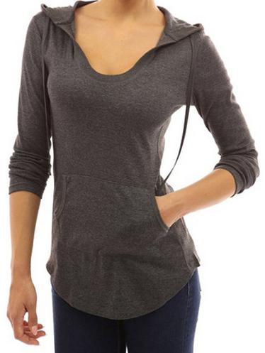 Shein Grey Hooded Long Sleeve Slim T-shirt