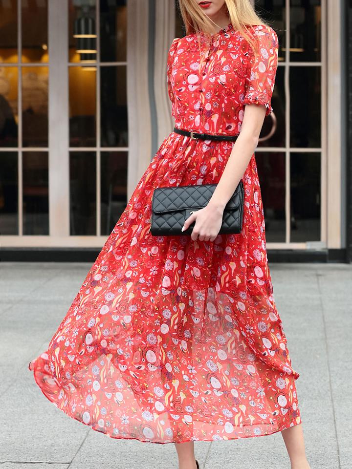 Shein Red Crew Neck Belted Floral Maxi Dress