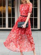 Shein Red Crew Neck Belted Floral Maxi Dress