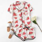 Shein Watermelon Print Shirt & Contrast Binding Shorts Pj Set