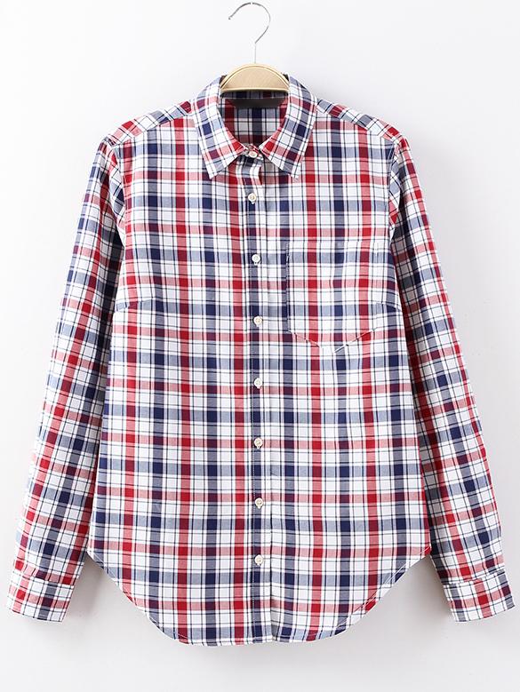 Shein Red Pocket Buttons Front Plaids Blouse