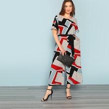 Shein Plus Geo Print Self Belted Wide Leg Jumpsuit