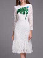 Shein White Leaf Sequined Butterfly Beading Lace Dress