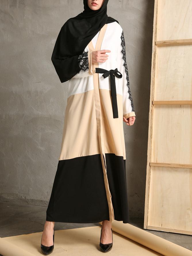 Shein Color Block Contrast Eyelash Lace Abaya With Belt