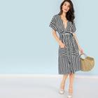Shein Pocket Patched Plunging Neck Striped Dress