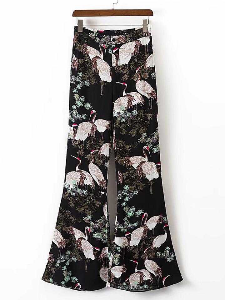 Shein Cranes Print Flare Pants