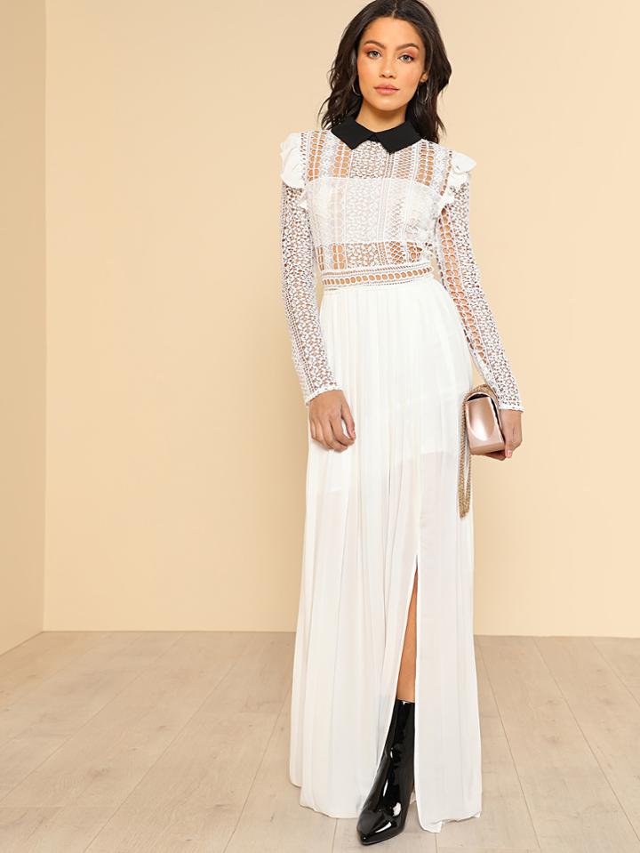 Shein Contrast Collar Lace Bodice Pleated Dress
