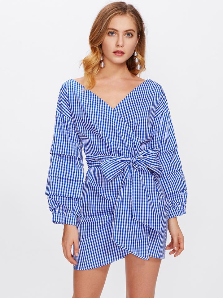 Shein Ruched Sleeve Self Tie Wrap Gingham Dress