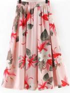 Shein Pink Elastic Waist Flowers Print Flare Skirt