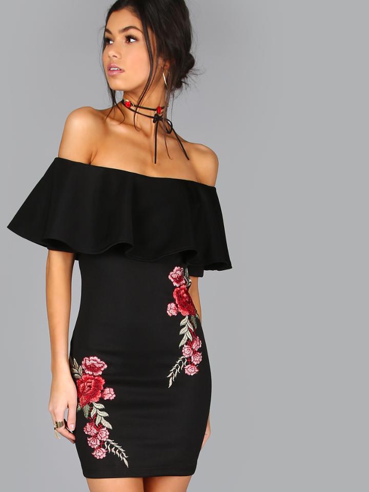 Shein Embroidered Rose Applique Off Shoulder Ruffle Dress