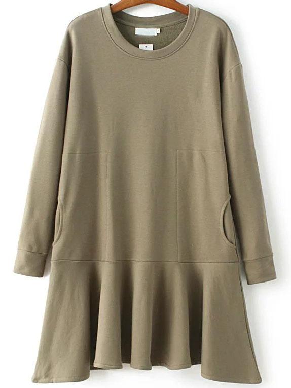 Shein Army Green Ruffle Drop Waist Sweatshirt Dress With Pockets