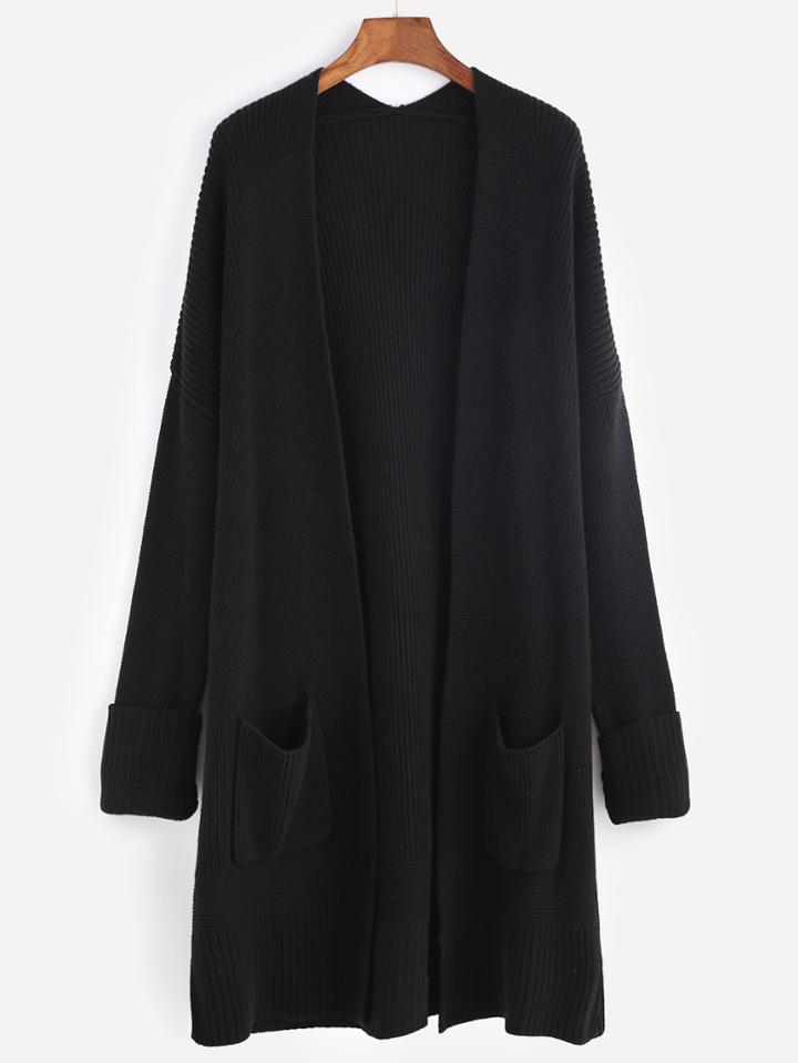 Shein Black Collarless Drop Shoulder Pocket Front Sweater Coat