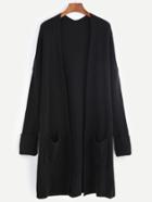 Shein Black Collarless Drop Shoulder Pocket Front Sweater Coat