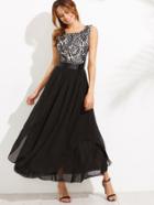 Shein Black High Waist Lace Contrast V Back Dress