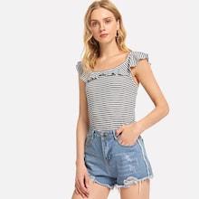 Shein Ruffle Trim Rib Knit Striped Tee