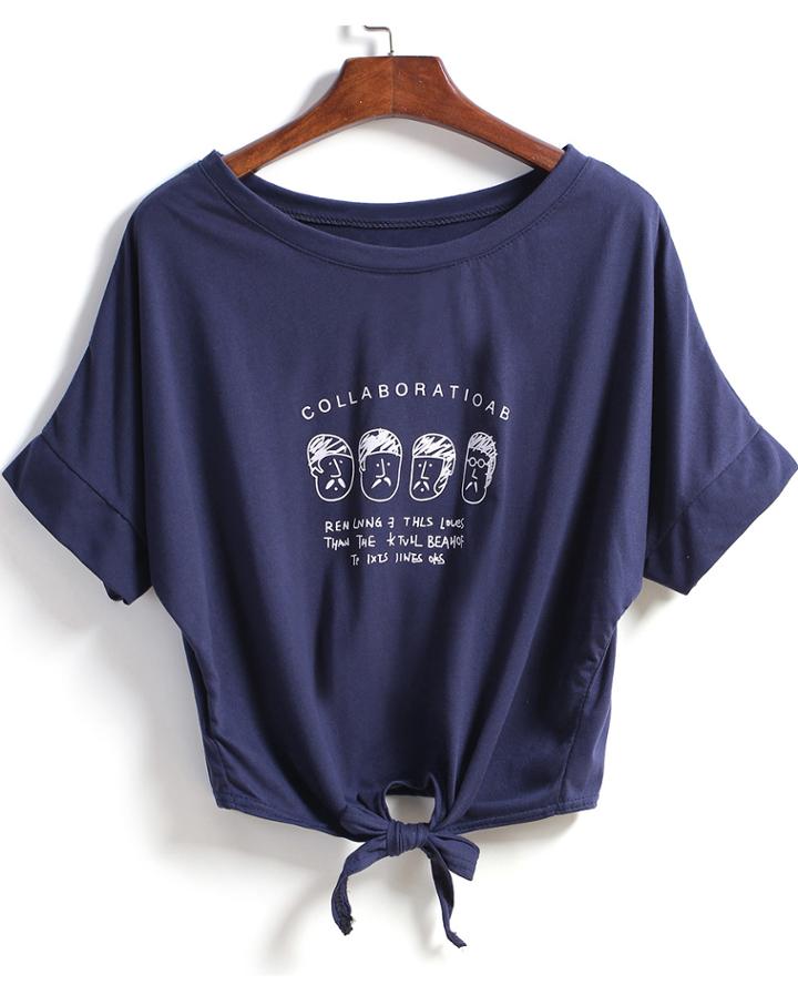 Shein Blue Short Sleeve Portrait Print Knotted T-shirt
