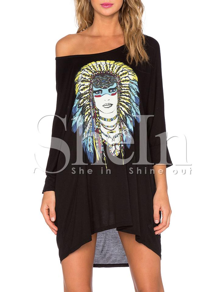 Shein Black Long Sleeve Character Print Dress