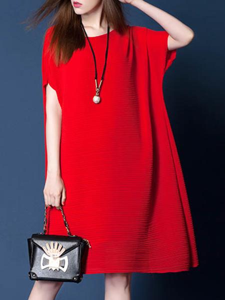 Shein Red Batwing Sleeve Pleated Dress