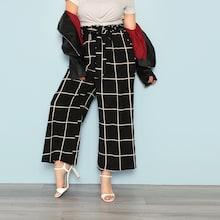Shein Plus Elastic Waist Grid Pants With Belt