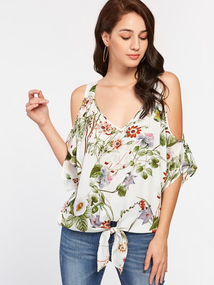 Shein Open Shoulder Knot Front Botanical Top
