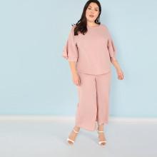 Shein Plus Drop Shoulder Flounce Sleeve Top & Culotte Pants Set