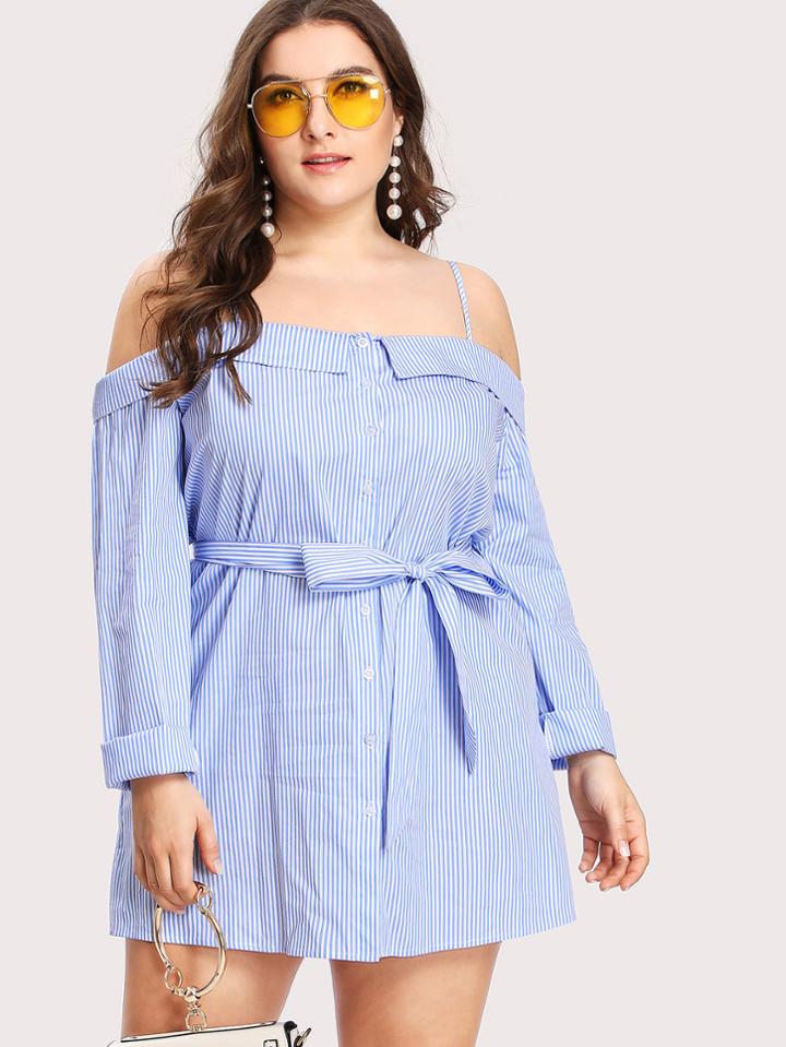 Shein Fold Over Button Up Front Striped Shirt Dress