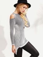 Shein Black And White Striped Cutout Long Sleeve T-shirt