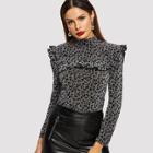 Shein Mock Neck Ruffle Leopard T-shirt
