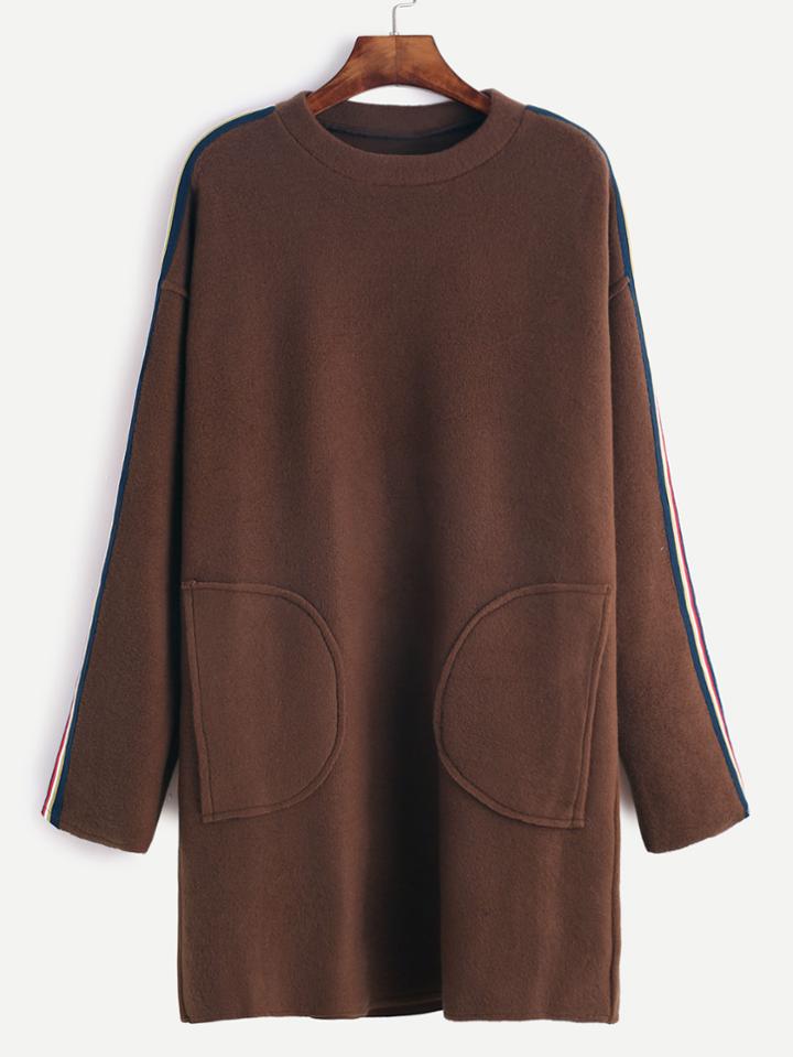 Shein Coffee Striped Trim Drop Shoulder Pockets Dress
