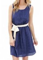 Rosewe Polka Dot Print Navy Blue Belted Mini Dress