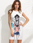 Shein White Fashion Girl Sketch Print Sheath Dress