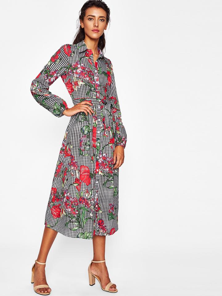 Shein Self Belted Mixed Print Shirt Dress