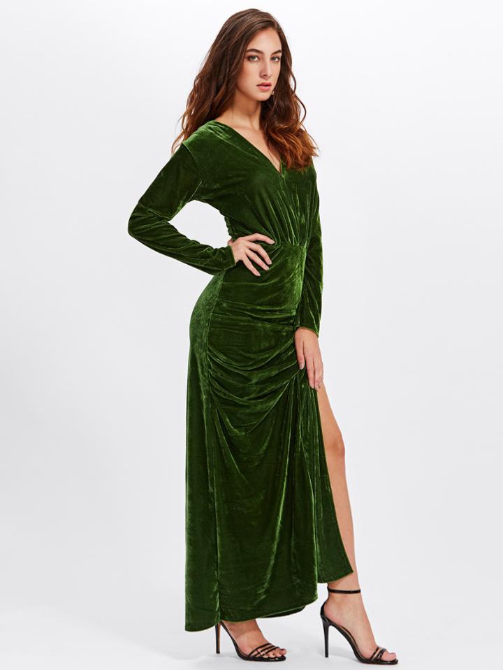 Shein High Split Side Ruched Velvet Dress