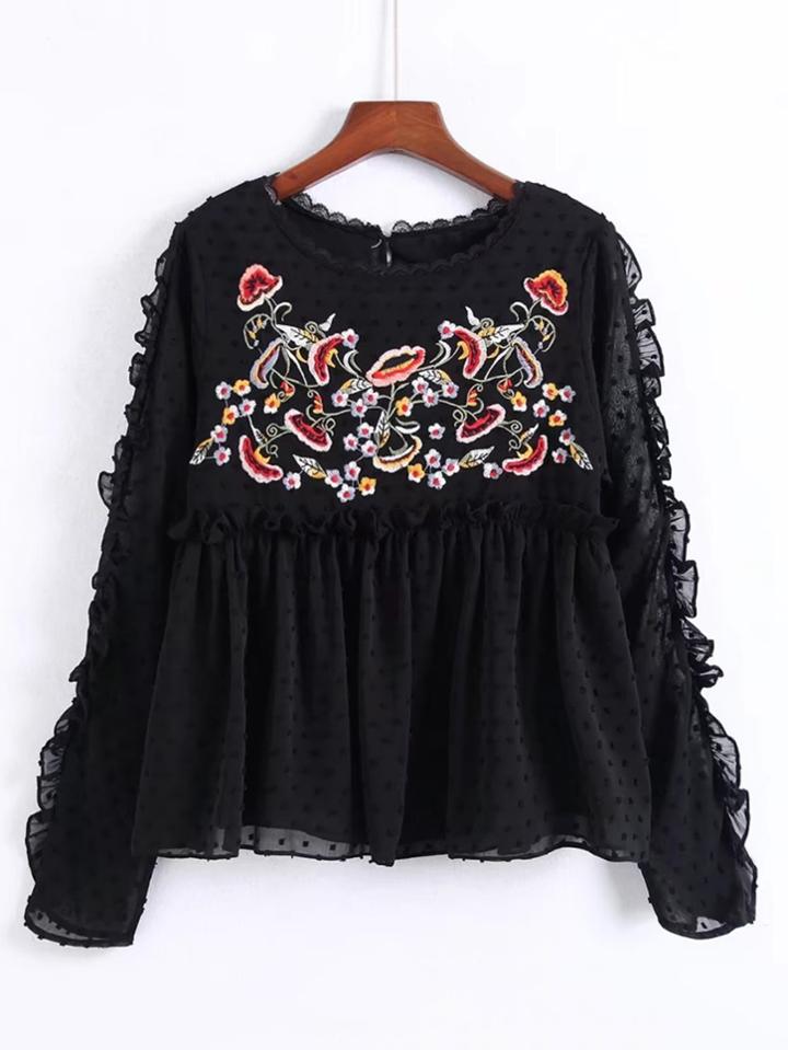 Shein Embroidered Flower Frill Edge Babydoll Blouse