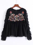 Shein Embroidered Flower Frill Edge Babydoll Blouse