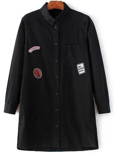 Shein Black Single Breasted Patch Denim Shirt Dress