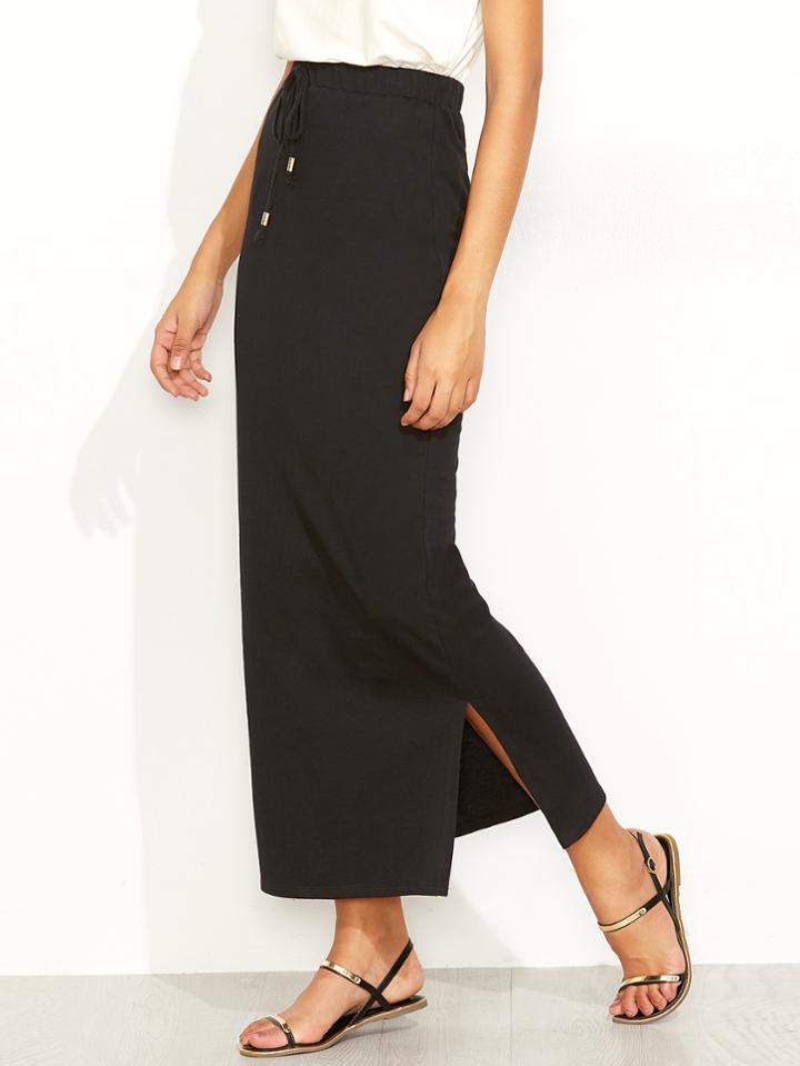 Shein Black Drawstring Waist Slit Straight Skirt