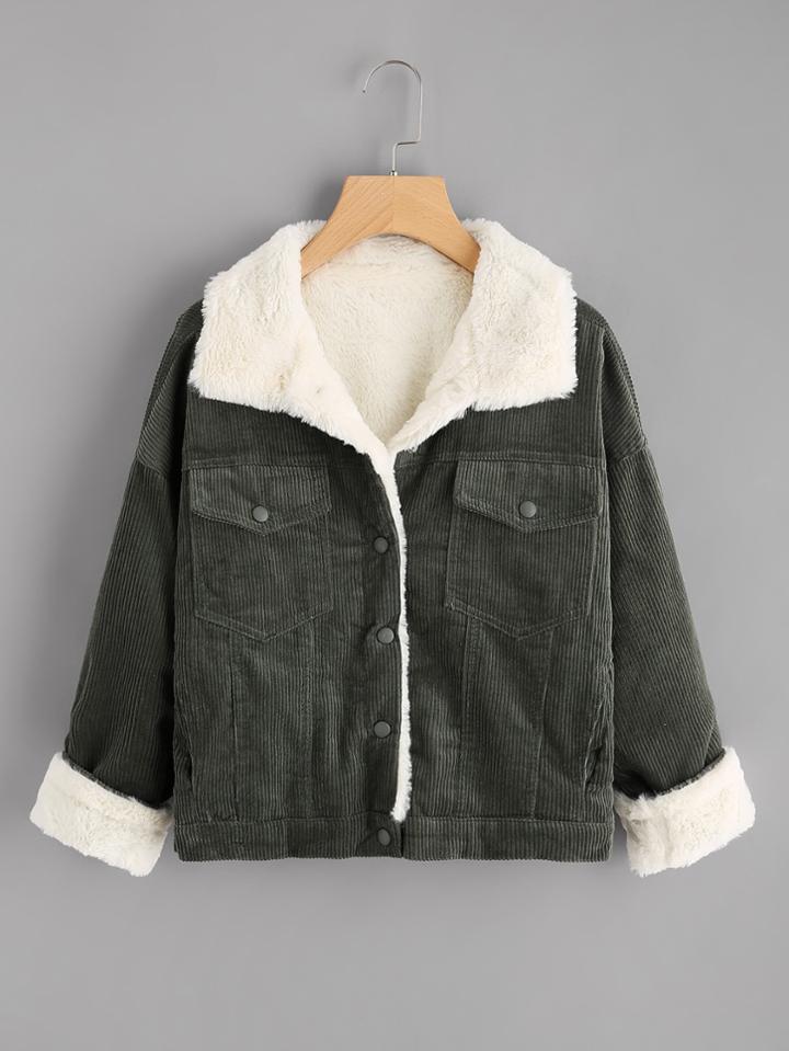 Shein Contrast Fur Lining Corduroy Coat